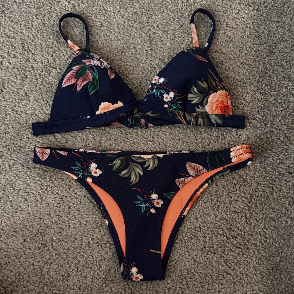 Triangl Swimwear Floral Bikini - Navy and Peach